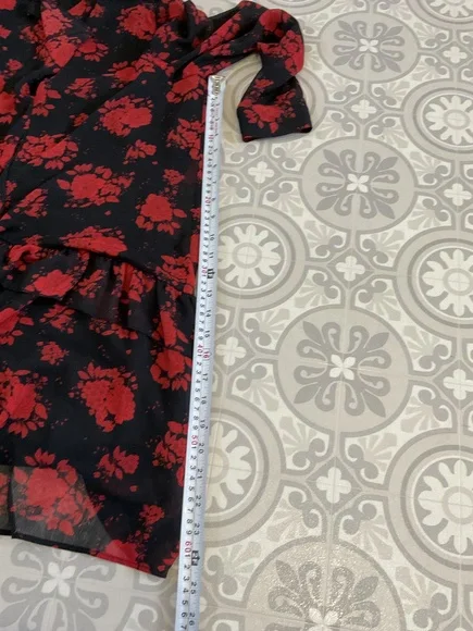 Zara black red floral print frill ruffle detail short dress M UK 10 12 - Picture 8 of 8